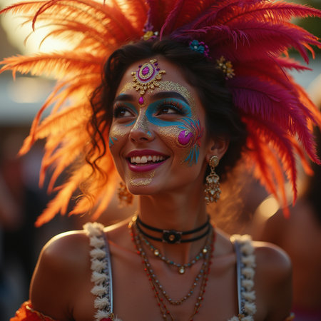 Unidentified Carnival dancer on the parade on Warsaw Multicultural Street Parade in Warsaw, Poland.の素材
