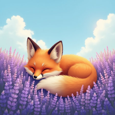 Cute fox in lavender field, vector illustration, eps10の素材