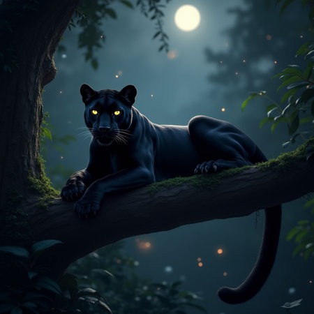 Black panther lying on a tree in the forest. 3d renderingの素材