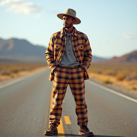 Stylish man in checkered plaid shirt and hat standing on the roadの素材