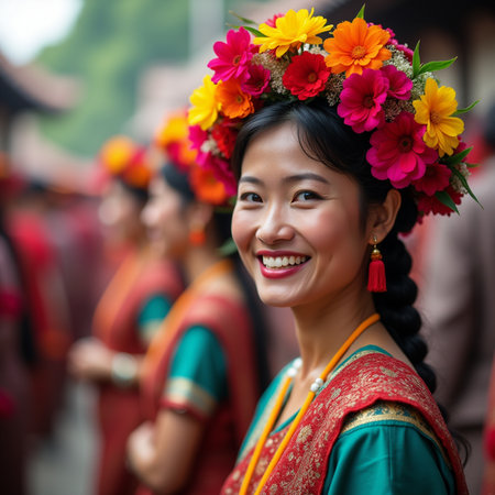 Unidentified Thai people in traditional costume at the annual Chiang Mai Flower Festival in Chiang Mai, Thailand.の素材