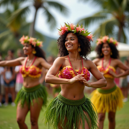Beautiful young woman in Hawaiian costume dancing in a tropical garden.の素材