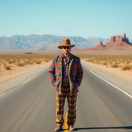 Traveler in a checkered plaid shirt and cowboy hat standing on the road in Monument Valleyの素材