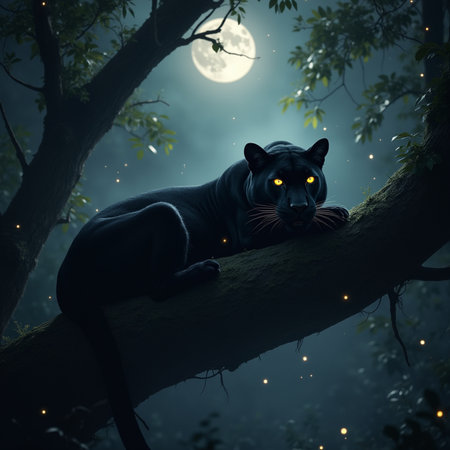 Black panther in the forest with full moon. 3d renderingの素材