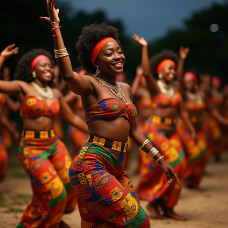 Group of young beautiful African women dancing in traditional costume on the beach.の素材