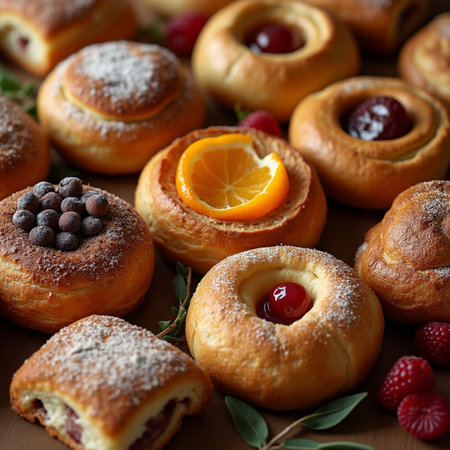 Homemade buns with berries and icing sugar. Selective focus.の素材