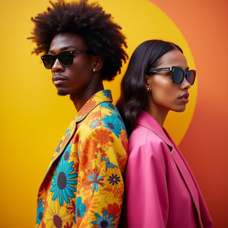 Fashionable african american women in sunglasses and colorful jacket posing on orange backgroundの素材