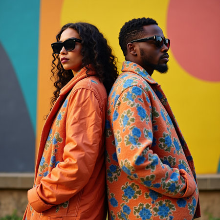 Fashionable african american couple in orange coat and sunglasses.の素材