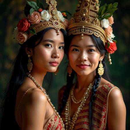 Portrait of two beautiful young Asian women in traditional Thai costumeの素材