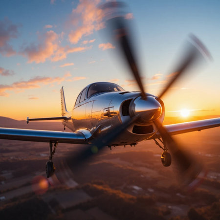 Propeller of a small private jet against the background of the sunset.の素材