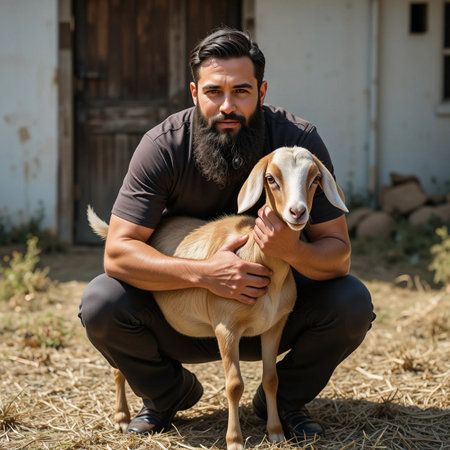 Portrait of a bearded man with a goat on the farm.の素材
