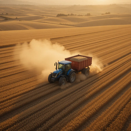 Combine harvester working on the large wheat field at sunsetの素材