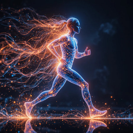 Running woman made of glowing particles on dark background. 3D renderingの素材