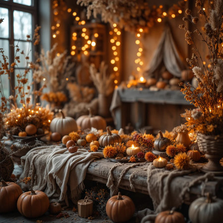 Beautiful halloween still life with pumpkins, candles and lightsの素材