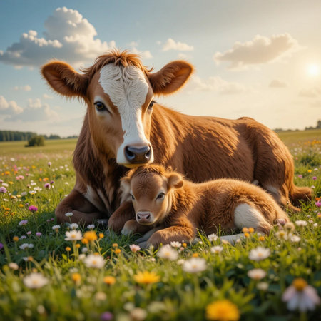 Cute little calf and mother on meadow with flowers at sunsetの素材