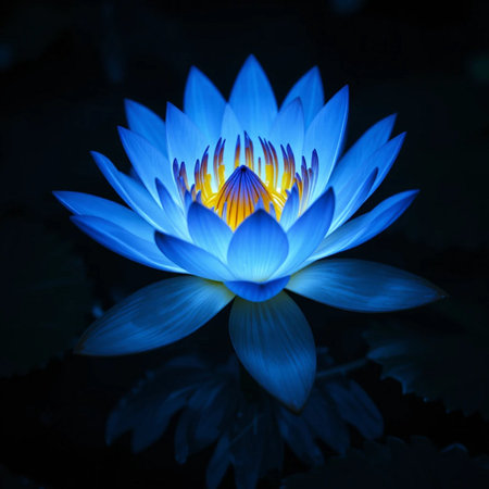 Blue waterlily or lotus flower on black background. Soft focus.の素材