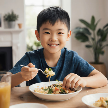 Asian little boy eating spaghetti in the kitchen at home, healthy food conceptの素材