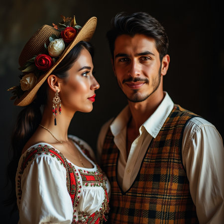 Portrait of a beautiful young couple in traditional Bavarian clothesの素材