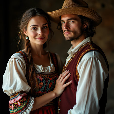 Portrait of a young couple in traditional Bavarian clothes.の素材