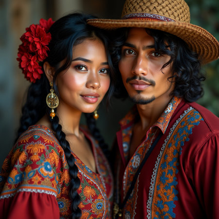 Portrait of a young Asian couple in traditional clothes, looking at camera.の素材
