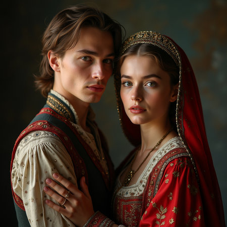 Portrait of a young couple in medieval clothes. Studio shot.の素材