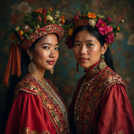 Portrait of two beautiful Asian women in traditional costume, Thailand.の素材