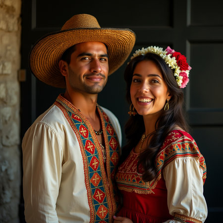 Portrait of happy couple in traditional Ukrainian clothes.の素材