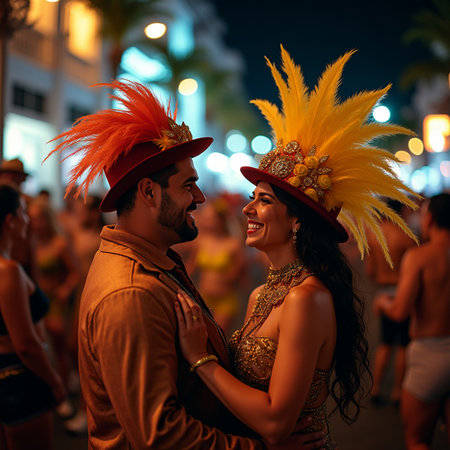 Couple in carnival costume dancing at night in Ibiza, Spainの素材