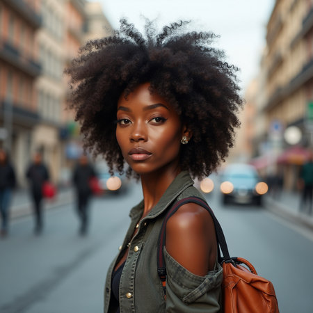 Beautiful afro american woman with afro hairstyle walking in the city.の素材