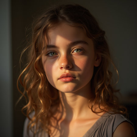 Portrait of a cute little girl with long curly hair looking at cameraの素材