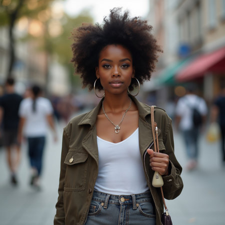 Young African American woman with afro hairstyle, wearing casual clothes, walking in the city.の素材