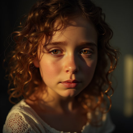 Portrait of a beautiful little girl with curly hair in the rays of the setting sunの素材