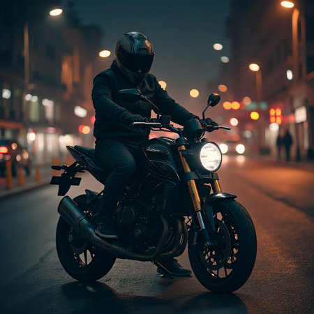 Biker in helmet and black leather jacket riding a motorcycle at night.の素材