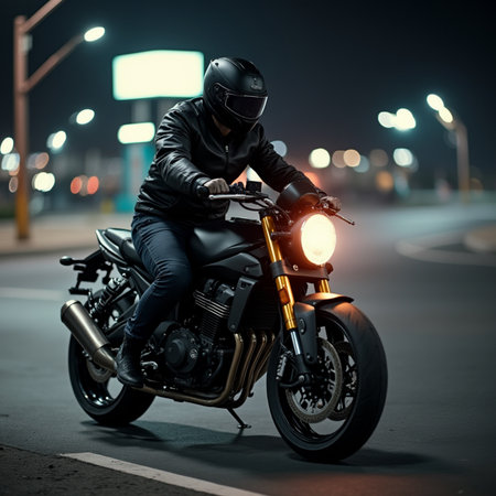 Motorcyclist in black leather jacket and helmet on a motorcycle on the road at night.の素材
