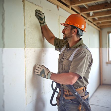 Construction worker installing a wall of a new house with a power drillの素材