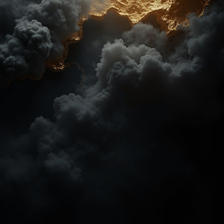 3D illustration of a dark stormy sky with clouds and sunの素材