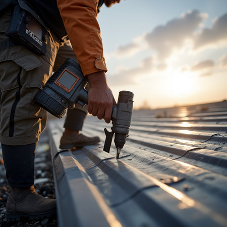 Worker installing metal roofing on the roof of the building.の素材
