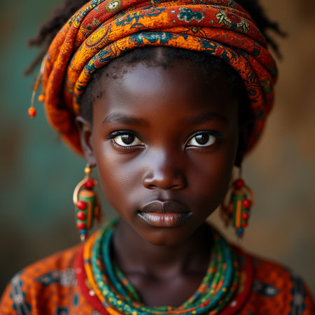 Portrait of a cute little African girl with orange headscarfの素材