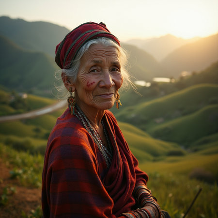 Portrait of an old woman in the highlands of Vietnam.の素材