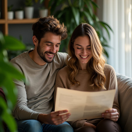Young couple sitting on sofa and reading magazine at home. Smiling man and woman looking at each other.の素材