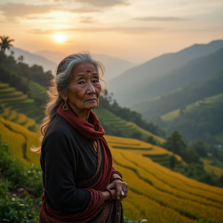 Vietnamese elderly woman on terraced rice field at sunset, Mu Cang Chai, Vietnamの素材