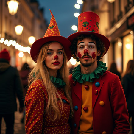 Couple of clowns on the streets of Paris, France.の素材