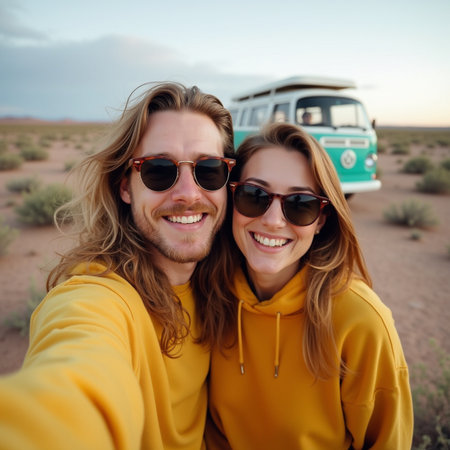 Happy couple taking selfie with camper van in the desert. Travel and adventure concept.の素材