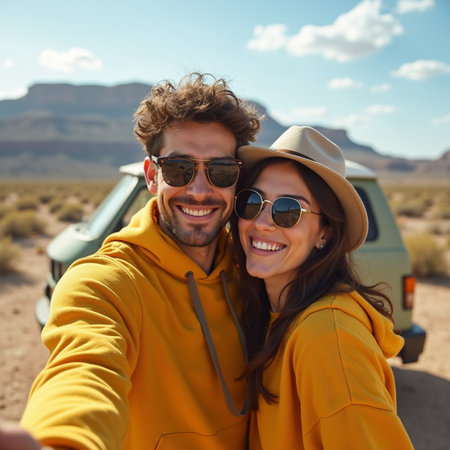Happy couple taking selfie with campervan in the desert. They are smiling and looking at camera.の素材