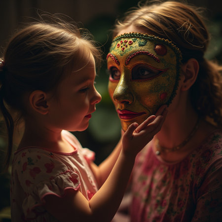 Cute little girl and her mother playing with a mask in the roomの素材