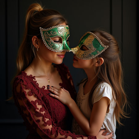 Mother and daughter in carnival masks on dark background. Beauty, fashion.の素材