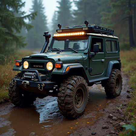 Off-road vehicle in a puddle in the autumn forest.の素材