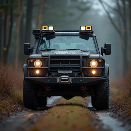 Off-road vehicle in the winter forest. 3d rendering.の素材