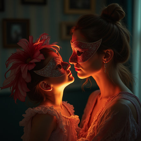Beautiful mother and daughter in carnival masks on dark background.の素材