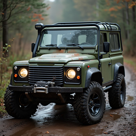 Jeep on a muddy forest road in Chernigow, Ukraineの素材